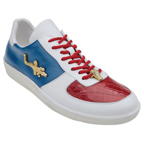Belvedere "Mario" Red / White / Navy Genuine Crocodile / Soft Calf Casual Sneakers 6451